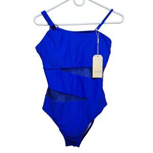 Womens One-Shoulder Blue Swimsuit  Mesh Cutouts Adjustable Straps   Size M